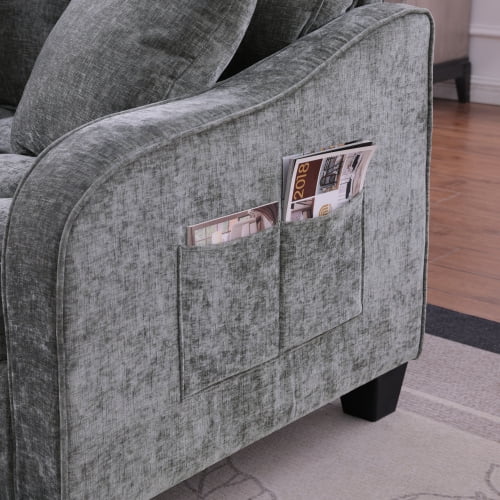 2-Seater Sofa Modern Chaise Lounge with Storage Footrest, Irregular Curved Armrests, Plush Checkered Cushions, 2 Throw Pillows, Grey