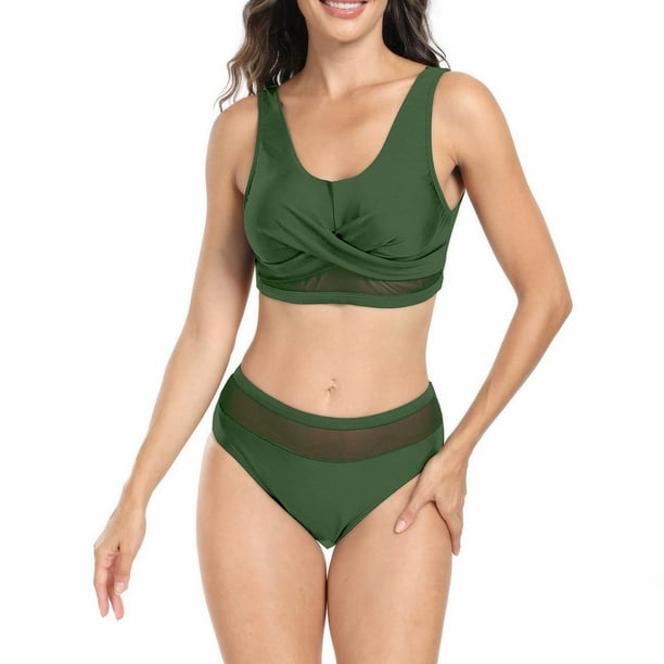 zanvin Womens Swimsuits ,Women's Sexy Fashion Mesh Hollow Solid Color  Bikini Two-Piece Swimsuit Set, Army Green, M 
