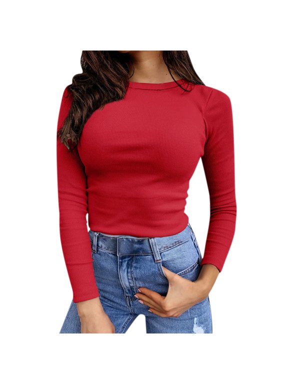 JUUYY Women's Long Sleeve Crewneck Shirts 2024 Spring Clothes Ribbed Knit Sweater Slim Fitted Casual Solid Color Basic Workout Tee Tops Red XXL