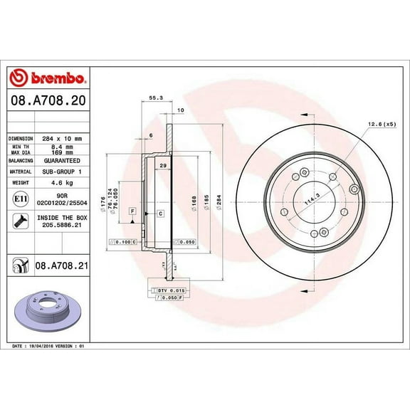 Brembo 08.A708.21 Premium UV Coated OE Equivalent Rotor