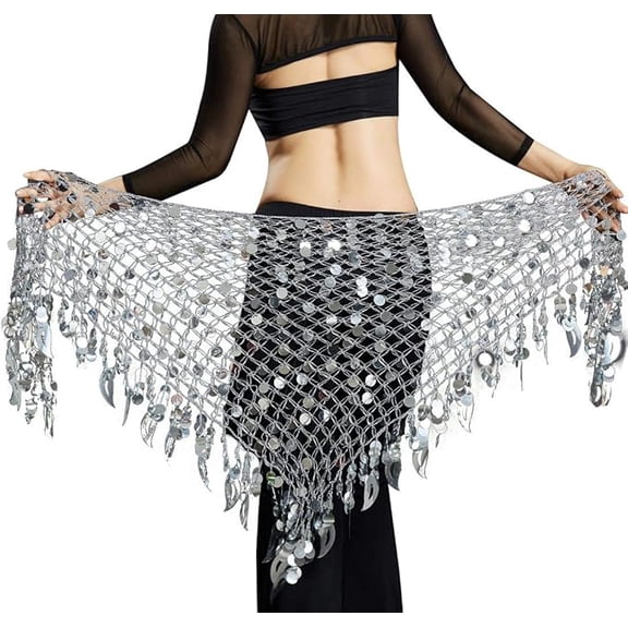 Zhuge Women's Belly Dance Hip Scarf, Sequin Mesh Triangle Wrap Skirt, Silver