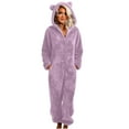 thumbnail image 2 of Fanxing Women's Onesies Pajamas Sherpa Fleece One Piece Romper Zipper Cute Hooded Jumpsuit Plus Size Pajama Loungewear Purple M, 2 of 5