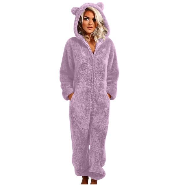 Pxkloy Combinaison à Capuche en Molleton pour Femmes, Fermeture Éclair devant, Pyjama en Peluche à Capuche, Tenue d'Intérieur Douillette One Piece pour Dormir, Violet, G