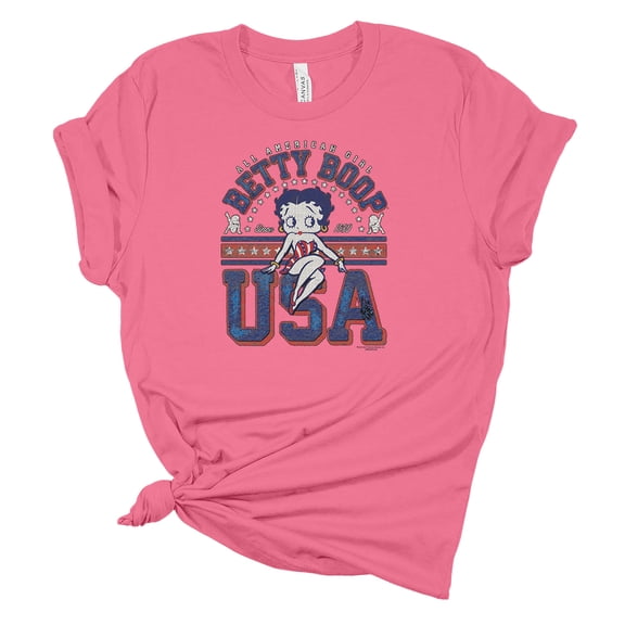 Womens All American Girl Betty Boop USA Short Sleeve T-shirt Graphic Tee Graphic Tee-Pink-medium