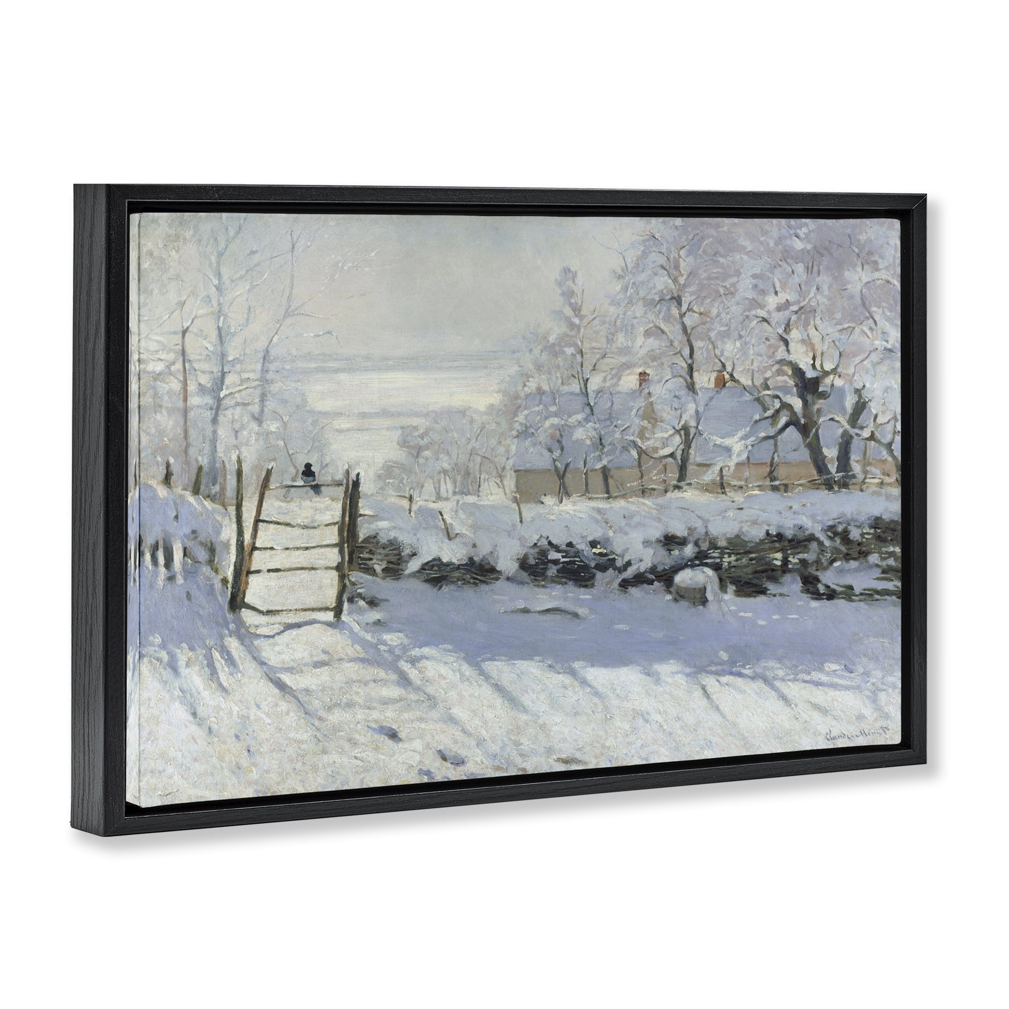Stupell Industries Classic Monet The Magpie Landscape & Nature Painting Black Floater Framed Canvas Art Print Wall Art, 25 x 17