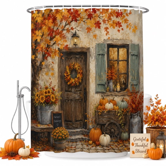 Small Stall Shower Curtain 48x72 Inch Narrow Half Size Storefront Fall Bath Curtains Bathroom Decor, Autumn Maple Tree Thanksgiving Vintage Waterproof Fabric Shower Curtain Set with Hooks 48 Inch