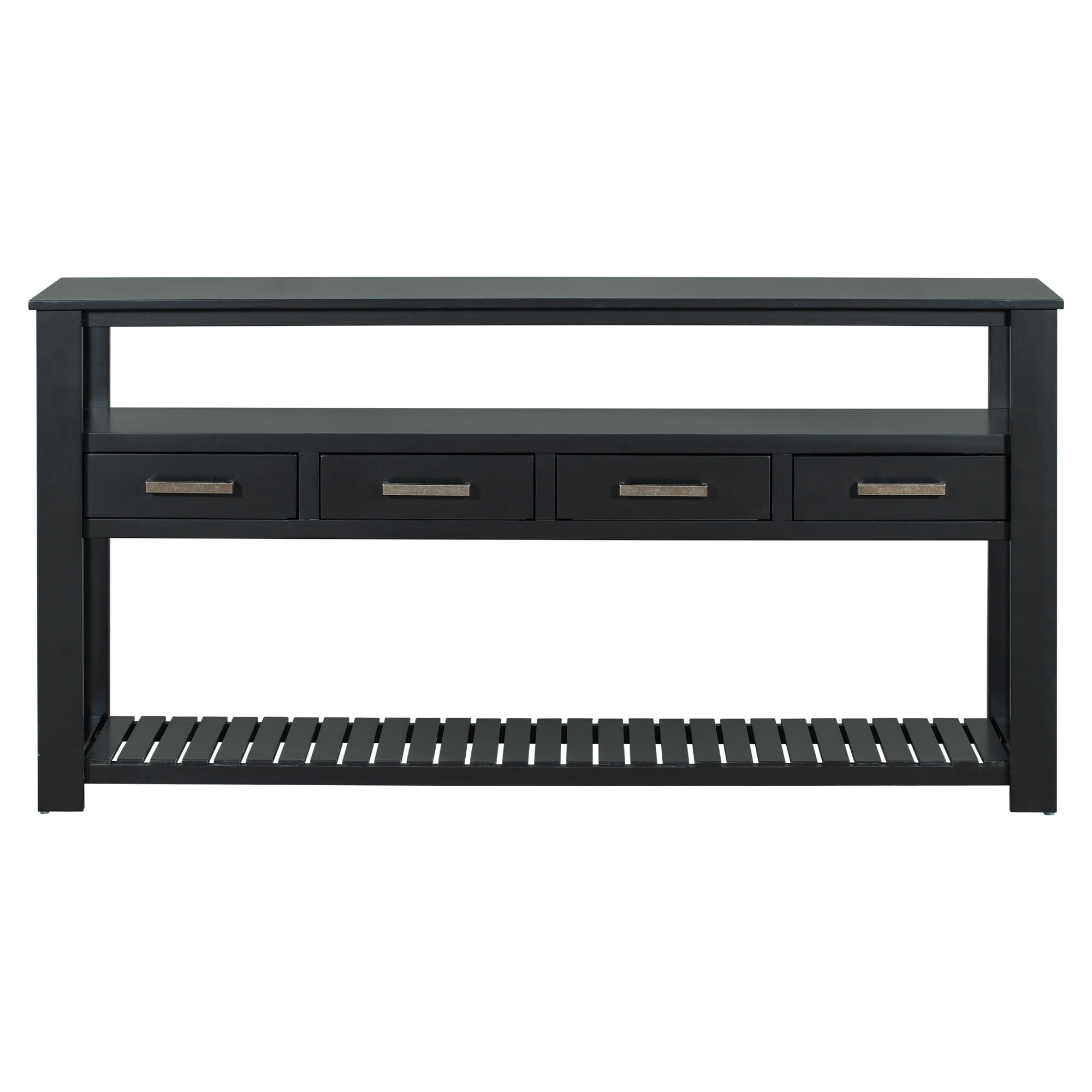 3-Tier Storage Console Table with 4-Drawer, Long Entryway Cabinet DisplayTable with Open Shelf, Versatile Sofa Table with Pine Legs