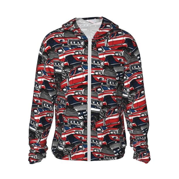 Fotbe Red And Blue Cars Chaqueta con Protección Solar UPF 50+ para Hombre y Mujer, Camisa con Capucha y Bolsillos-Small