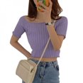 thumbnail image 1 of EIMELI Summer T-Shirt Women Solid Color Slash Neck Short Sleeve Knitted T-Shirts, 1 of 6