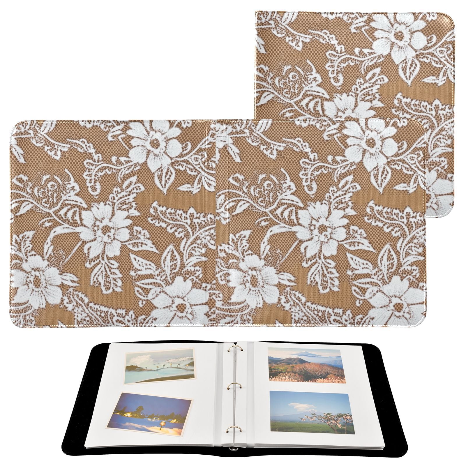 iauyy PU Leather Scrapbook Album | Expandable Binder with 20 Self-Adhesive Pages (11.8x24in)，White Lace Pattern