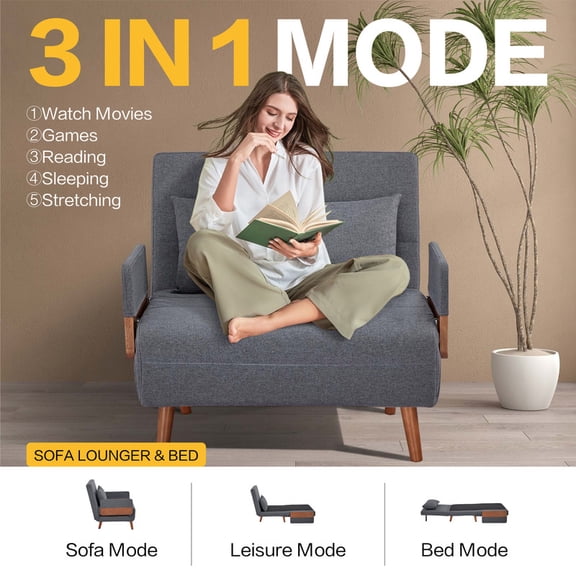 CITTANEO 3-in-1 Convertible Sleeper Sofa Bed for Adults, Adjustable Backrest with Pillow & Wooden Arms, Folding Chair Bed for Small Space, Apartment, Office, Living Room,Dark Gray