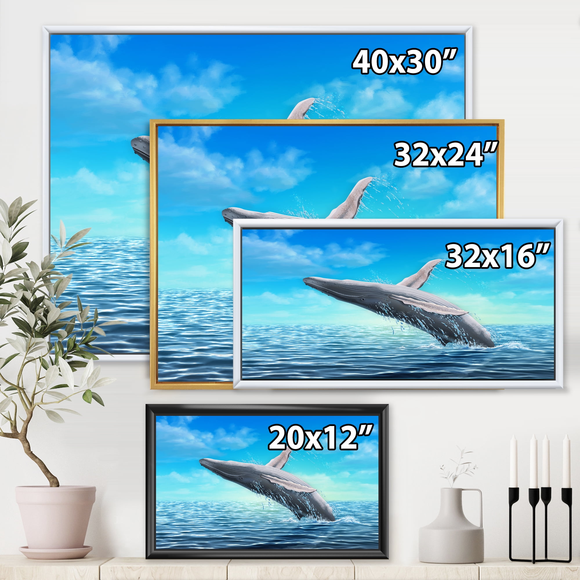 Designart 'Humpback Whale Jumping Out of Sea' Farmhouse Framed Canvas Wall Art Print