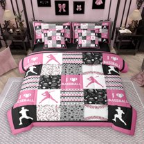 Manfei Teens Baseball Sports 7 Pieces Bedding Comforter Set, Cartoon Stars Print Full Bedding Set, Black Pink Patchwork Reversible Fitted Sheet Flat Sheet, Breathable Home Decor