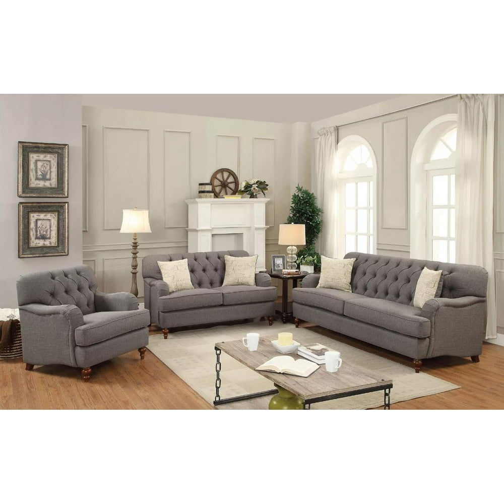 Button Tufted Dark Grey Fabric Sofa Set 3Pcs Acme Furniture 53690