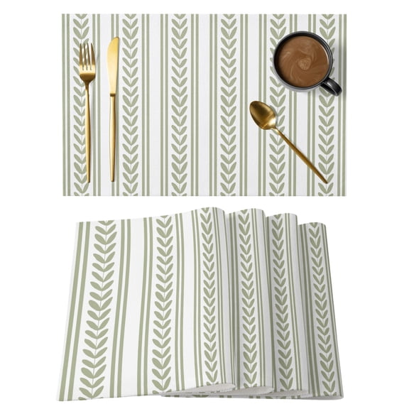 Sage Green Botanical Placemats Set of 6 Modern Farmhouse Striped Place Mats Indoor Wipeable Table Mats Washable Cloth Dining Table Placemats for Kitchen Holiday Party Home Decor 13x19 Inch