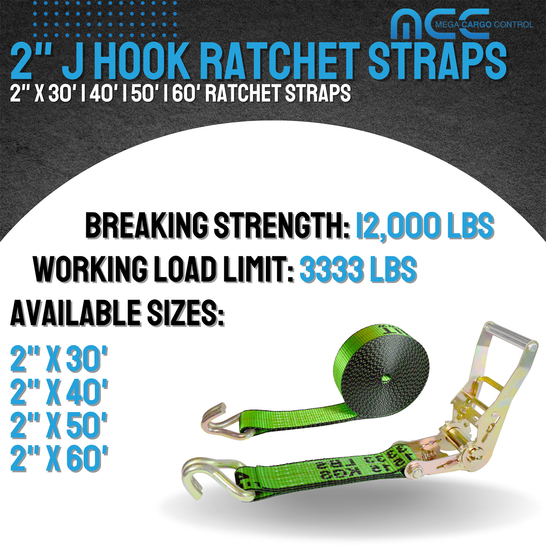 Mega Cargo Control USA Heavy Duty 2" x 60' Ratchet Strap J Hook Flatbed Truck Farm Tie Down 4 Pack