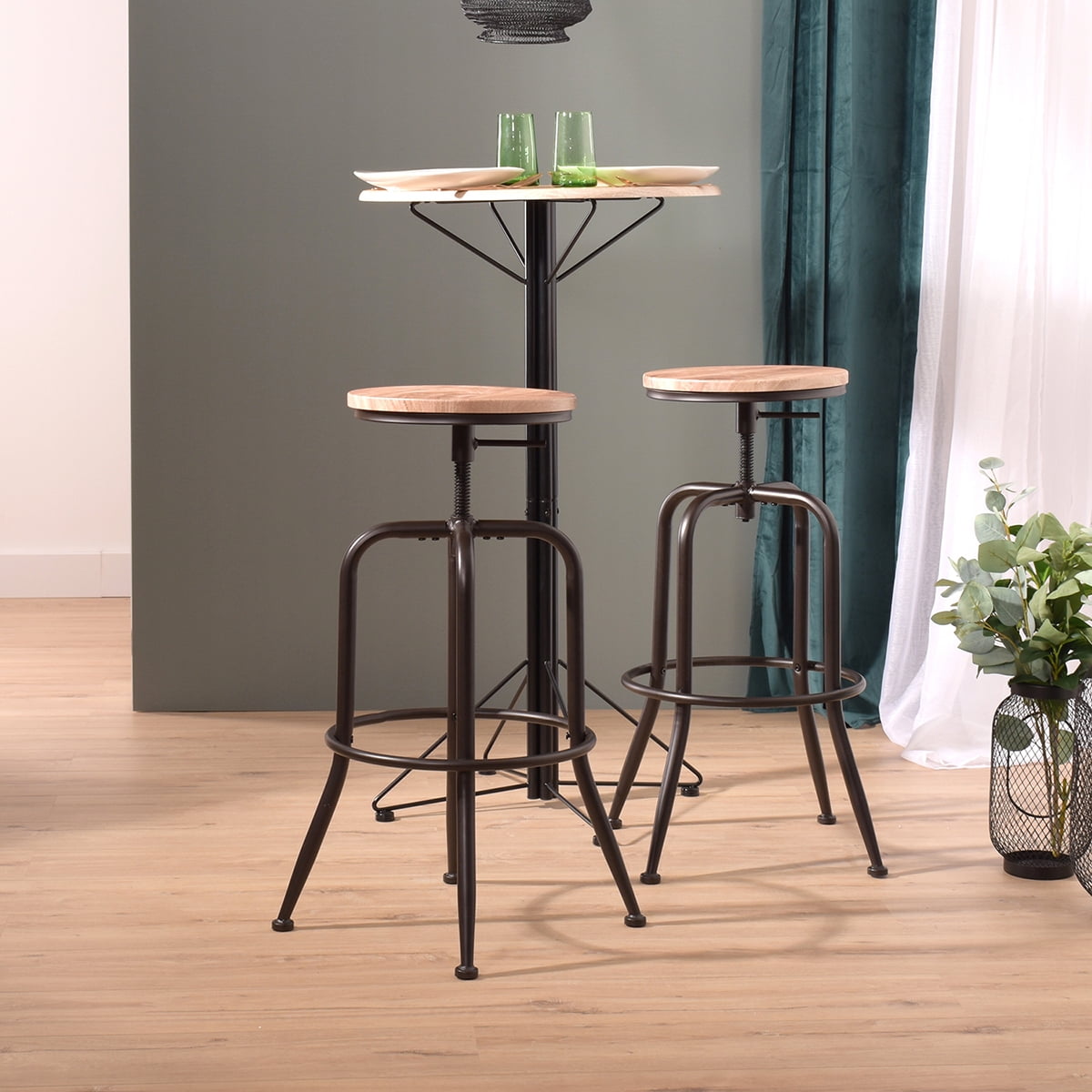 Kepooman 27" Industrial Vintage Bar Stools Set of 2, Counter Height Leather Bar Stools, Metal Frame Wooden Top Stool