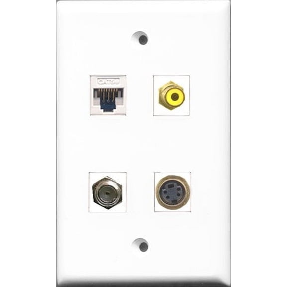 RiteAV 1 Port RCA Yellow and 1 Port Coax Cable TV- F-Type and 1 Port S-Video and 1 Port Cat5e Ethernet White Wall Plate