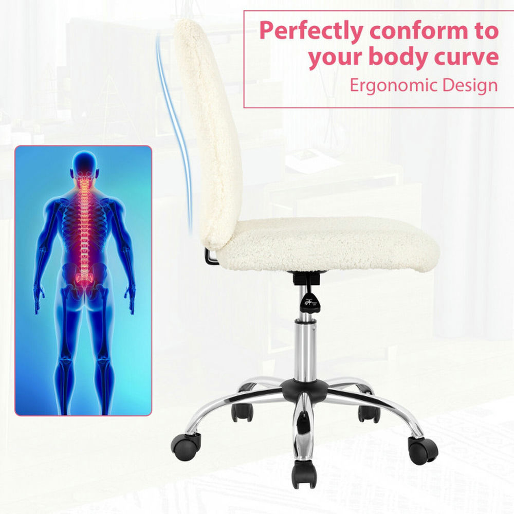 Demi Bonn Armless Faux Fur Leisure Office Chair with Adjustable Swivel, Rolling Work Computer Desk Chair for Home, Bedroom, Study, White