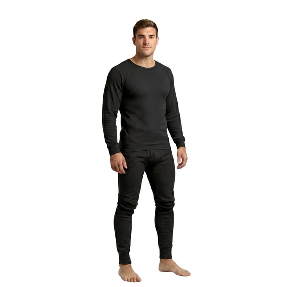 Men's 100% Polyester 2-Pc Long Thermal Underwear, Black M, 1 Set
