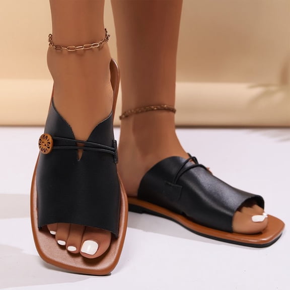 Wide Width Shoes for Women, Leather Sandals for Women, Women Flat Sandals, Womens Square Toe Flat Sandals Summer Dressy Slides Lightweight Vacation Beach Slippers Casual Sandal Slip On, Black 5.5