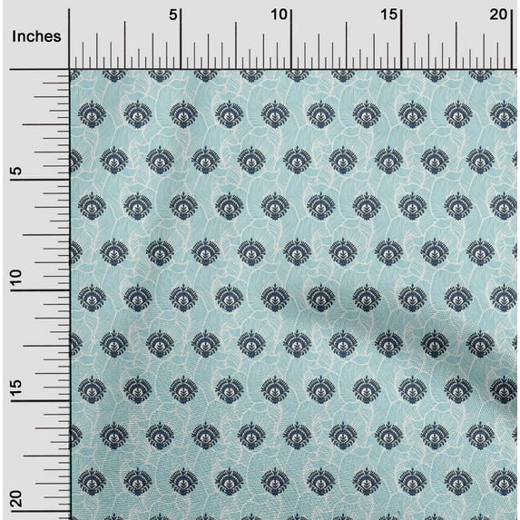 oneOone Polyester Lycra Sky Blue Fabric Leaves & Floral Block Craft Projects Decor Fabric Printed By The Yard 56 Inch Wide