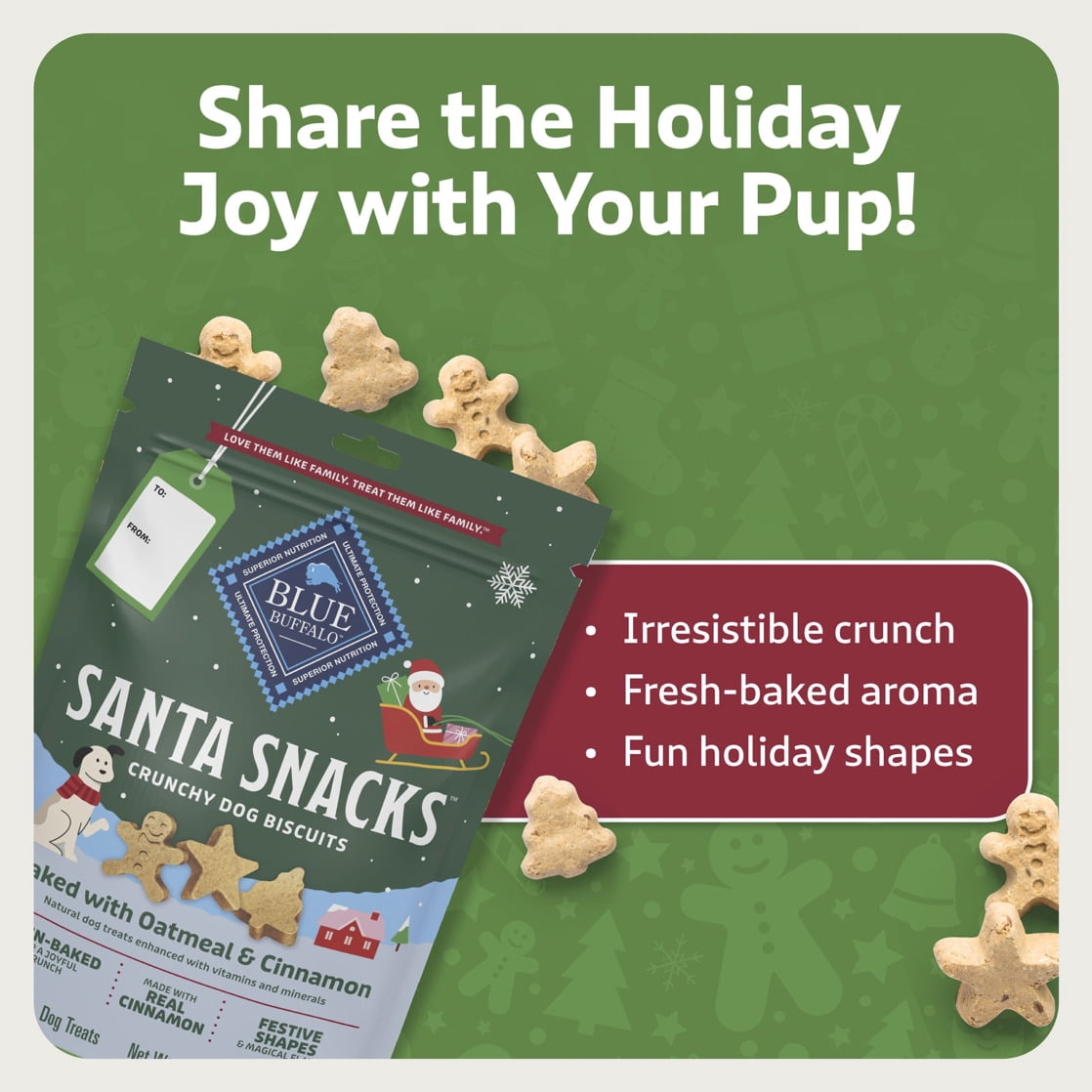 (2 pack) Blue Buffalo Santa Snacks Crunchy Dog Biscuits, Oven-Baked, Oatmeal & Cinnamon, 11-oz. Bag