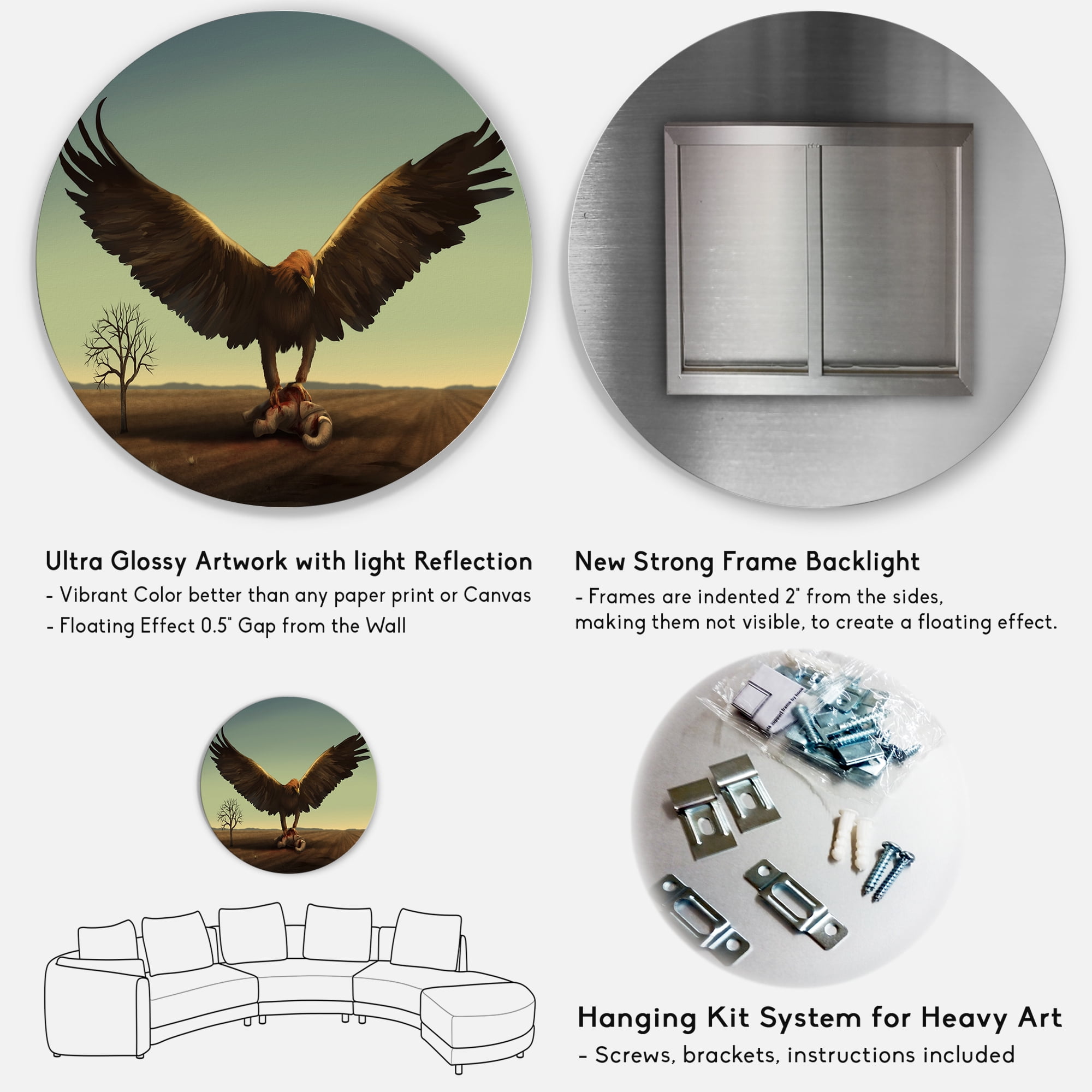 Designart 'Open Wings Roc Bird in Wild' Farmhouse Circle Metal Wall Art 23x23 - Disc of 23