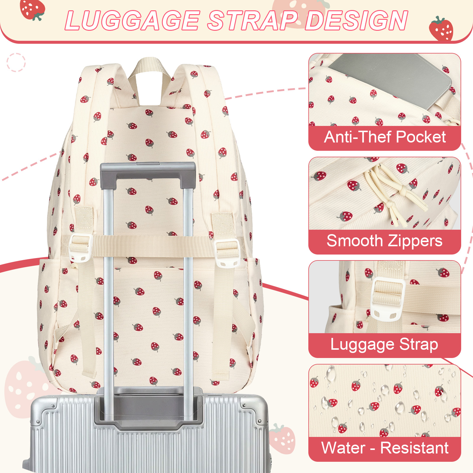 Mochila escolar para niños y adolescentes, linda, para niñas, para secundaria y preparatoria, gran capacidad, ligera, para universidad, beige con fresas 3
