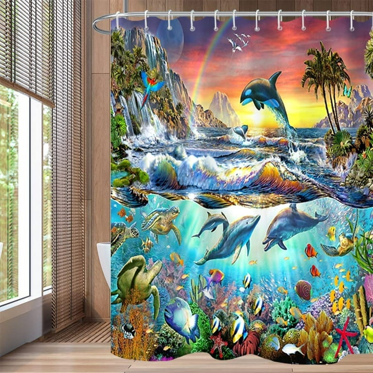 Ocean Shower Curtain, Dolphin Tropical Fishes and Sea Turtle Rainbow Shower  Curtain Set Colorful Underwater World Reef Coastal Polyester Fabric Bathroom  Decor Set with 12 Hooks, 72x84 Inch 