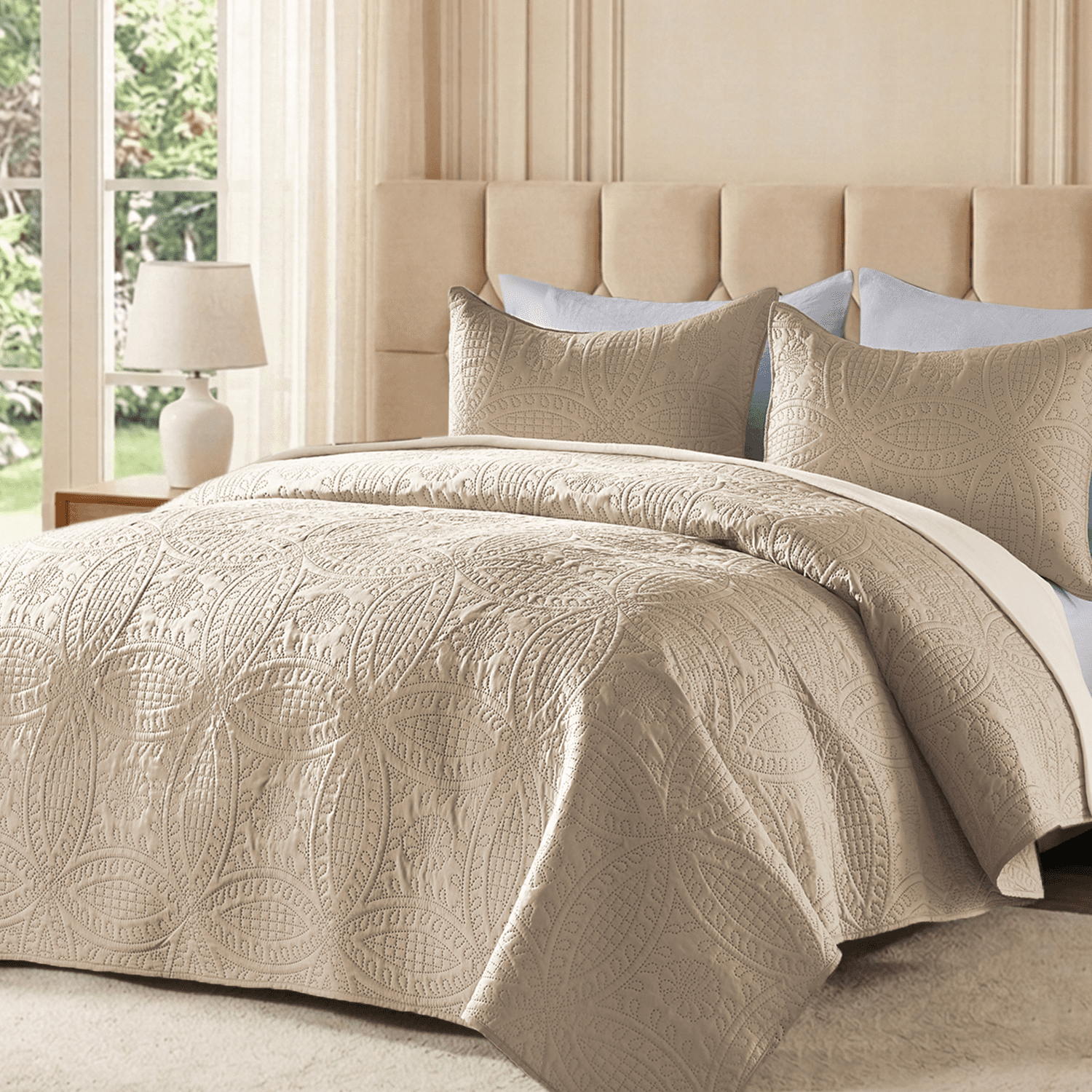 Flymme Soft Full Queen Quilt Bedding Set,3 Piece Lightweight Khaki Bedspreads for Queen Size Beds,Summer Blanket Thin Comforter Bed Cover for All Season
