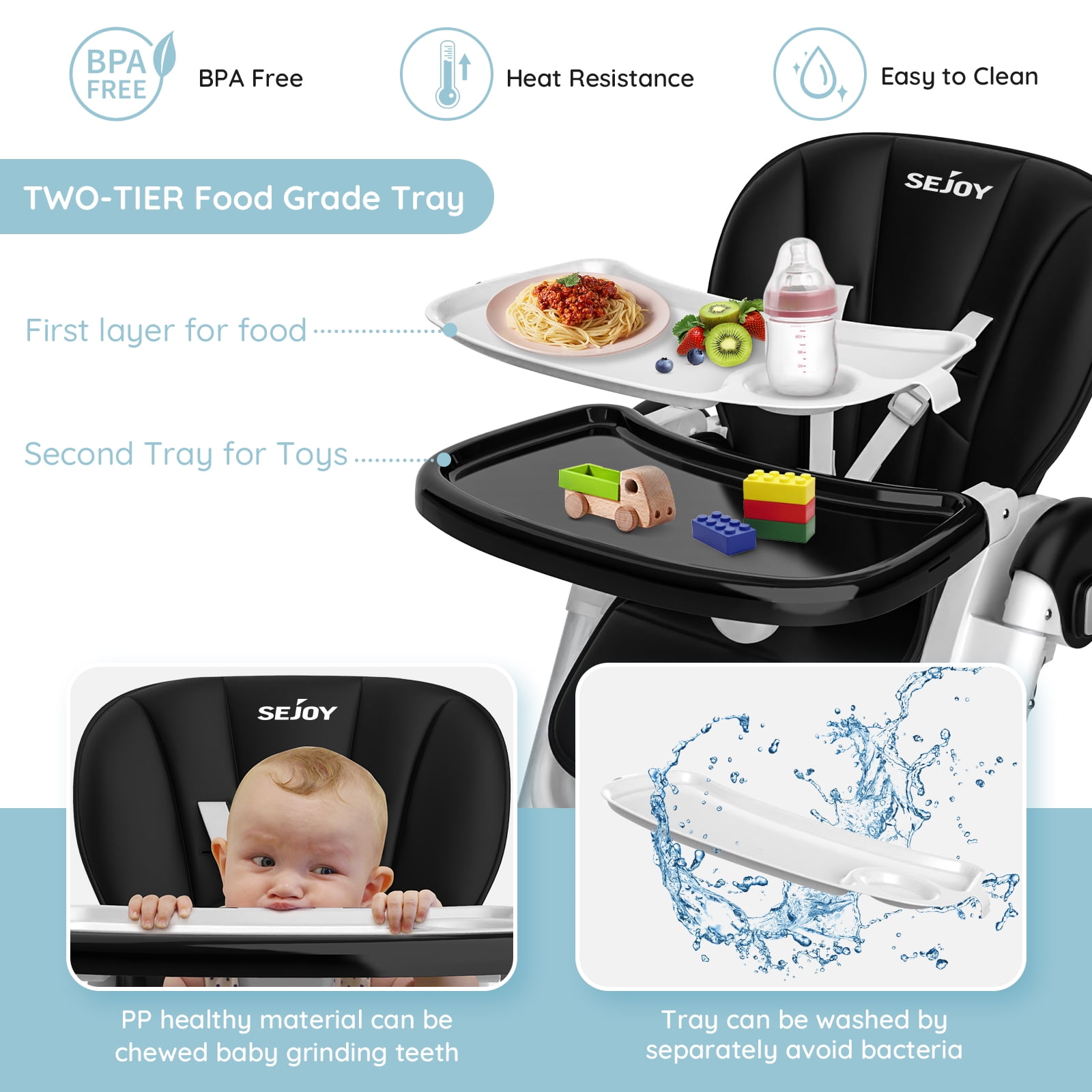 Sejoy 4 Wheels Baby High Chair for Toddlers, Foldable High Chair with Adjustable Seat Heigh, Black