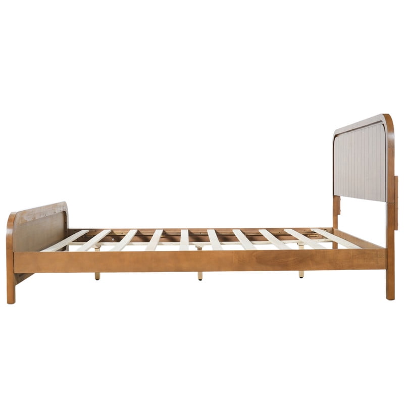 Queen Size Low Profile Bed Frame with Striped Headboard & Footboard, Wood Platform Bed with Slats Support & 7'' Under-Bed Space