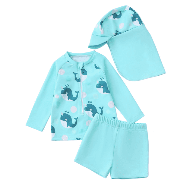 Hiiyo Boys 3Pcs Swimsuit Dinosaur Print Long Sleeve Zipper Rash Guard & Swim Trunks & Swim Hat, Sizes 3M-3T