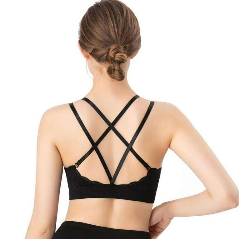 Women Lace Trim Sports Bras Criss-Cross Back Yoga Bralette Wirefree Padded  Active Workout Bra Crop Tank Tops 