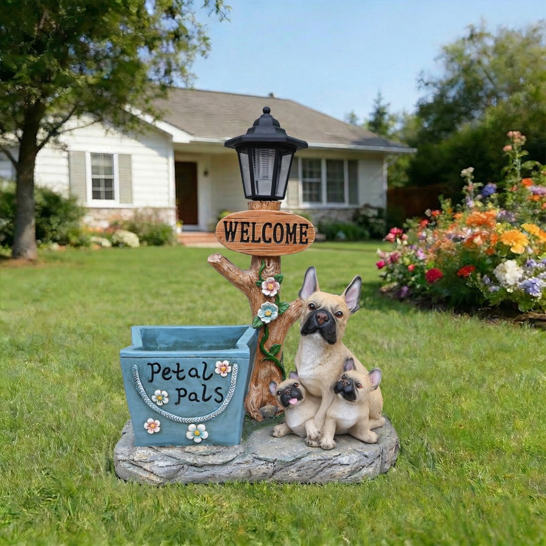 French Bulldog Family Planter Statue Outdoor Resin Garden Decor Dog Sculpture with Built in Flower Pot Decorative Yard Lawn Patio Porch Accent