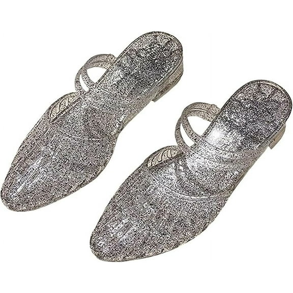 Women's Closed Pointed Toe Chunky Heel Jelly Mules Glitter Clear Slip On Hollow Out Low Heel Slide Sandals Soft Non-Slip Transparent Jelly Shoes