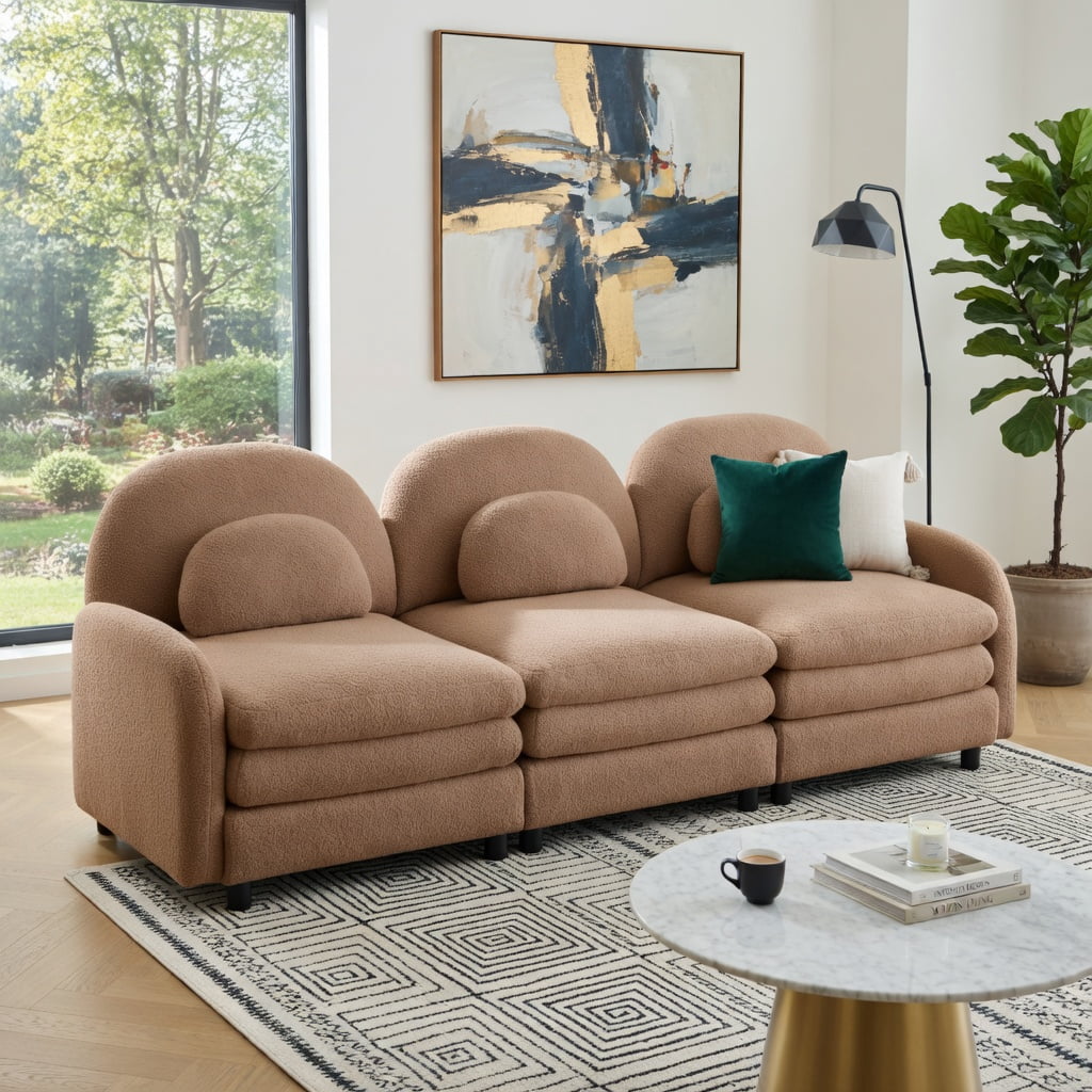 Hommoo Teddy Fleece Modular 3-Seat Sofa, Cloud-Soft Curved Backrest, Double-Layer Cushioning & Lumbar Support, Living Room Couch, Camel