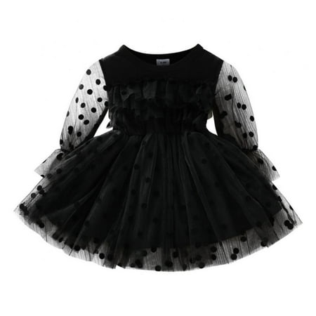 

3M-3T Little Girls Long Sleeve Dresses Toddler Kids Polka Dot Print Dress Party Tulle Dress