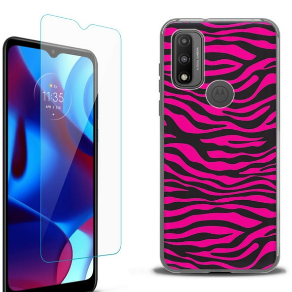 Slim-Fit Protective Phone Case (Black) compatible with Motorola Moto G Pure 5G, with Tempered Glass Screen Protector, by OneToughShield ® - Zebra Pink