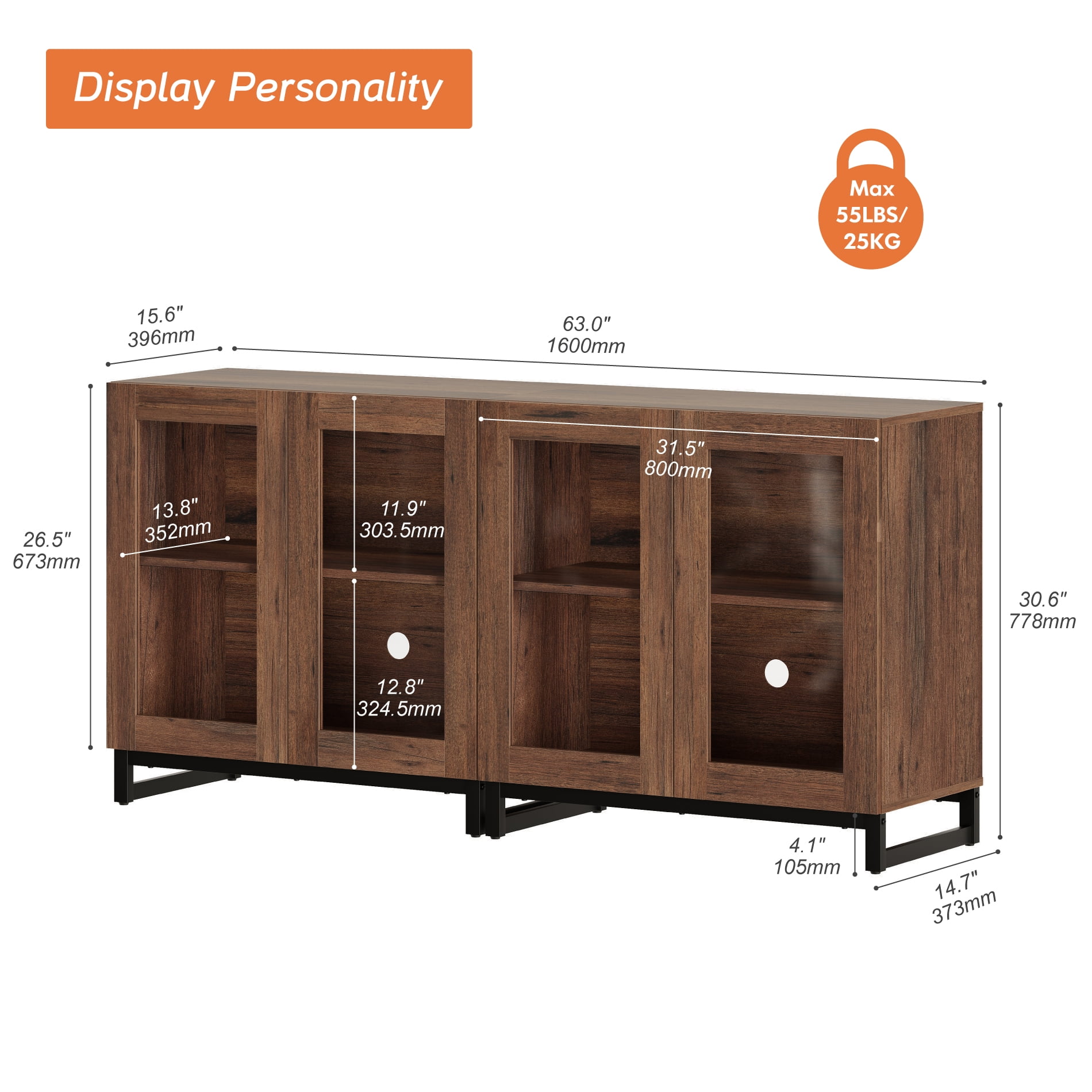 WAMPAT 63 Inch TV Stand with Glass Doors for 32-70 inch TVs, Modern Entertainment Center TV Console with Adjustable Shelves for Living Room, Bedroom, Brown