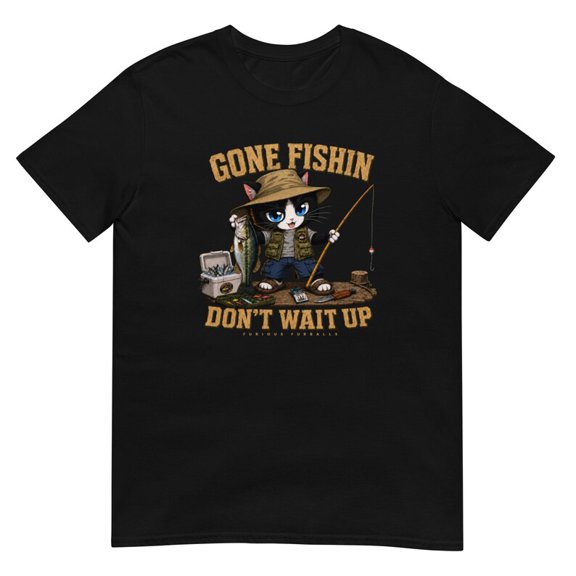 Gone Fishin Cat T-Shirt, Funny Fishing Cat Graphic Tee, Unisex Cotton Shirt, Fisherman Gift for Cat Lovers