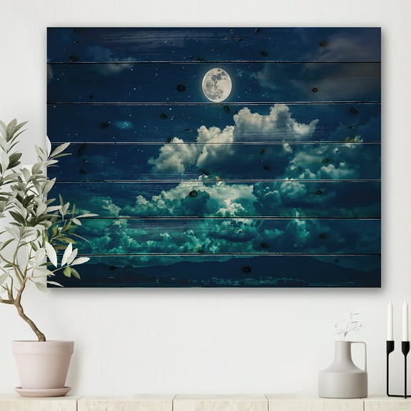 Designart 'Full Moon Night in Cloudy Sky II' Nautical & Coastal Print on Natural Pine Wood
