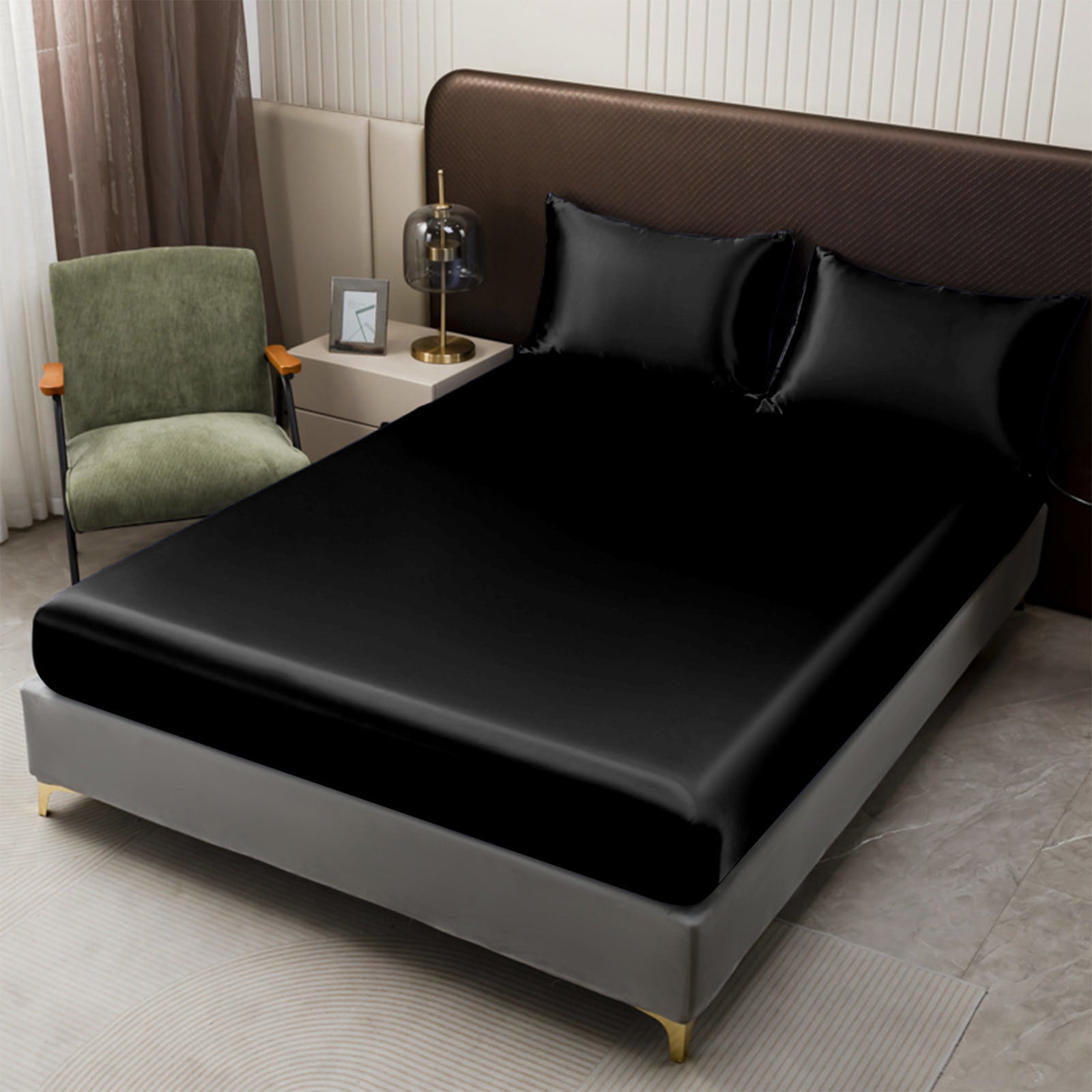 Soft Satin Hotel Silk Bed Sheets, Solid Black Polyester Pillowcase Set, Modern Bedroom Decor Enhancement, Luxury Home Bedding Solution for Restful Sleep, AESTIVO