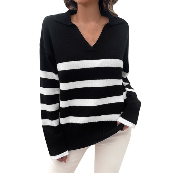 VISALY V Neck Pullover Sweater Knit Sweater Winter Sweaters Lapel V Neck Long Sleeve Striped Chunky Knit Oversized Pullover Sweater Crochet Sweaters Women Hoodies Pullover Warm Sweaters Black L