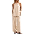 thumbnail image 2 of BADHUB Women 2 Piece Matching Lounge Sets Split Backless Tank Tops Wide Leg Pants Summer Outfits Tracksuit Beige M, 2 of 6