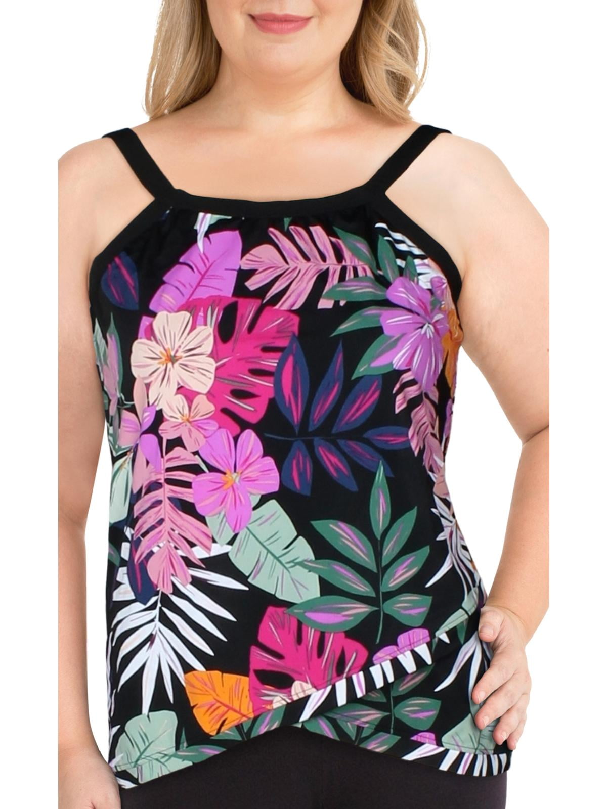Swim Solutions Womens Plus Floral Cross Over Swim Top Separates