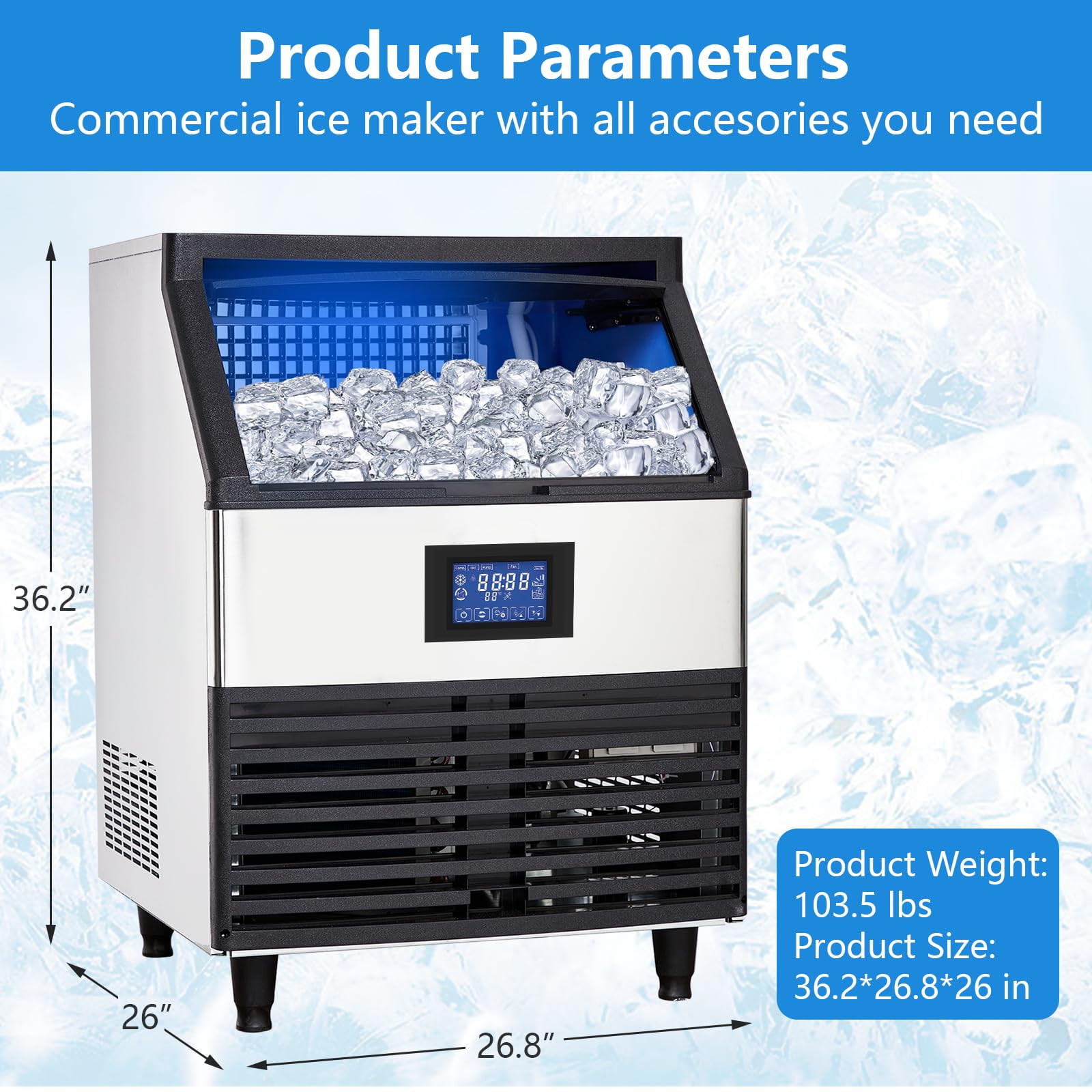 Homhougo Commercial Ice Maker 440lbs/24h with 88 lbs Storage 8x20 Cubes Commercial Ice Machine 110V Automatic Ice Machine