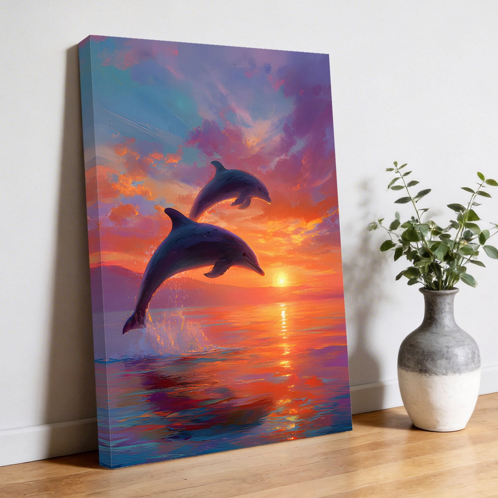 Sunset Dolphin Canvas Wall Art for Living Room, Dreamy Sunset Jumping Dolphins Wall Decor Framed Artwork Pictures Ready to Hang for Bedroom Office Home Decor