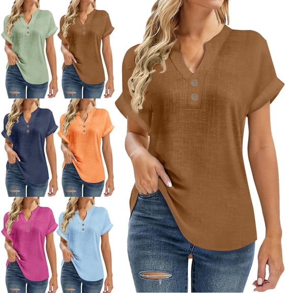 Zivyakyron Womens T Shirts V-Neck Summer Short Sleeve Cotton Linen Women Tops Casual Button Plain Elegant Loose Tops